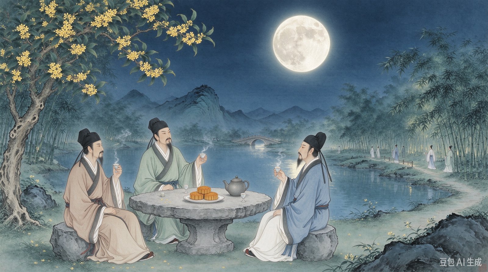 Three Song-dynasty scholars sharing tea and mooncakes under a great Mid-Autumn moon, in the style of a traditional Chinese painting